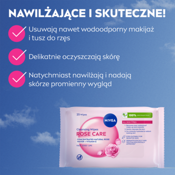 NIVEA Rose Touch 3w1 chusteczki z organiczną wodą różaną, białe opakowanie z różami na tle nieba.