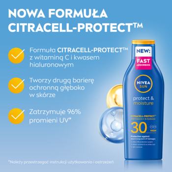 NIVEA SUN Protect&Moisture SPF 30: nowa formuła z witaminą C i kwasem hialuronowym w niebieskiej butelce.