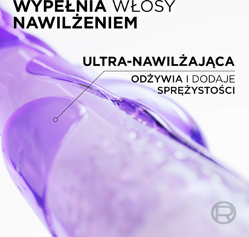 Zbliżenie spływającej, fioletowej maski Elseve Hyaluron Plump, wypełniającej włosy nawilżeniem i sprężystością.