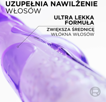 Zbliżenie na fioletowe serum L'Oréal Hyaluron Plump, zwiększające nawilżenie i objętość włókien włosów.