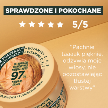 Maska Garnier Fructis Cocoa Butter Hair Food Anti-Frizz w beżowym słoiku, z cytatem i recenzją 5/5 na tle gradientu.