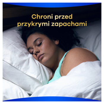 Śpiąca kobieta w białej pościeli. Reklama Always Ultra: 'Chroni przed przykrymi zapachami'.