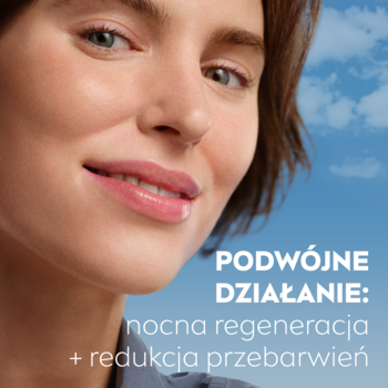 Promienna cera uśmiechniętej kobiety, widoczny NIVEA LUMINOUS630 Regenerujący krem na noc przeciw przebarwieniom.