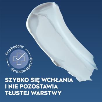 Rozmaz lekkiego, białego kremu na granatowym tle, z pieczęcią "Przebadany dermatologicznie". Nie pozostawia tłustej warstwy.