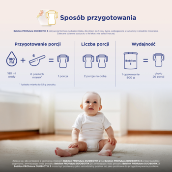 Infografika Bebilon Profutura DUOBIOTIK 3: sposób przygotowania mleka dla rozwoju, pod nią siedzące niemowlę.