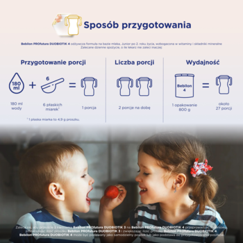 Bebilon Profutura DUOBIOTIK 4. Instrukcja przygotowania z ikonami i dwójka roześmianych dzieci z truskawką.