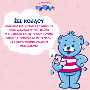 Bambino kojący żel z NMF, niebieski miś w paski, biała chmurka z tekstem o nawilżeniu.