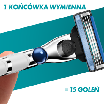 Srebrna maszynka Gillette Mach3 Turbo z niebieskimi detalami i 3 ostrzami, widok z bliska, tekst 15 goleń.