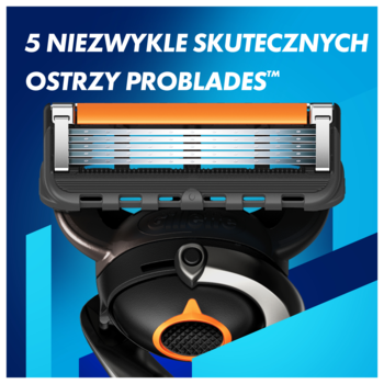 Gillette ProGlide: zbliżenie na głowicę maszynki z 5 ostrzami ProBlades™ i pomarańczowym paskiem nawilżającym.