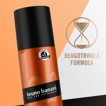bruno banani Absolute Man dezodorant w sprayu, pomarańczowa butelka, widoczna ikona klepsydry.