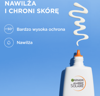 Fluid SPF 50+ do twarzy Garnier Ambre Solaire, biała butelka z falą fluidu na niebieskim tle. Nawilża i chroni.