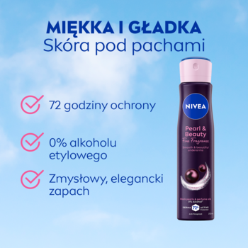 NIVEA Pearl & Beauty antyperspirant w sprayu, czarny, z różową nakrętką. Gładka skóra, 72h ochrony, 0% alkoholu.