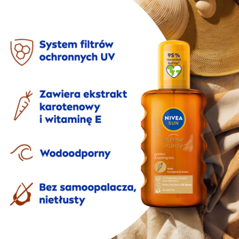 NIVEA SUN Intense Bronze karotenowy olejek do opalania, pomarańczowa butelka z opisem UV i witaminy E.