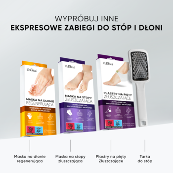 Złuszczająca maska peeling do stóp w skarpetkach, fioletowe opakowanie, widok z przodu obok innych kosmetyków.