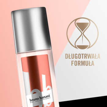 Bruno Banani Magnetic Woman dezodorant w różowej butelce ze srebrną nakrętką, z ikoną klepsydry 'długotrwała formuła'.