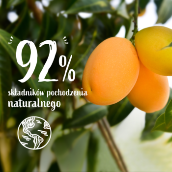 Dojrzałe owoce mango na gałęzi, z napisem '92% składników pochodzenia naturalnego' dla żelu Le Petit Marseillais.