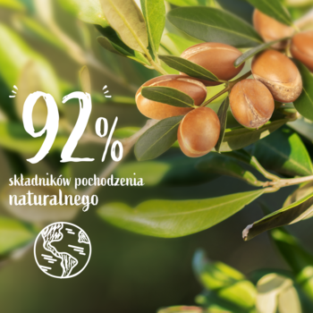 Le Petit Marseillais żel pod prysznic. Gałąź arganowa z owocami, duży biały napis '92% składników naturalnych'.