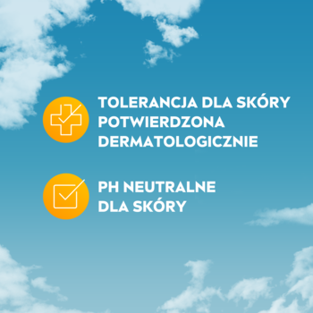 NIVEA żel, korzyści: tolerancja dermatologiczna, pH neutralne dla skóry. Dwie ikony na tle nieba.