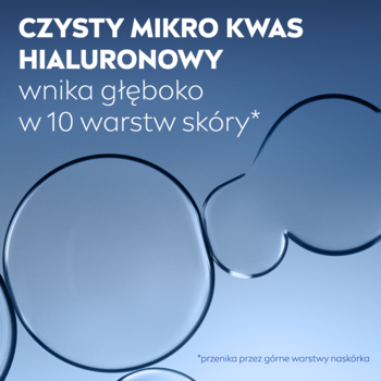 NIVEA Cellular Filler serum. Grafika z tekstem: Czysty mikro kwas hialuronowy wnika w 10 warstw skóry*, z kroplami cieczy.