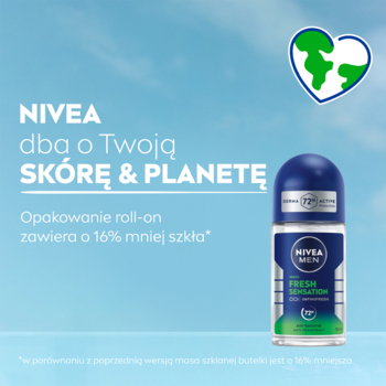 NIVEA MEN Fresh Sensation roll-on, butelka z niebieską nakrętką, na tle nieba, komunikat o 16% mniej szkła.