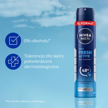 Niebieski dezodorant NIVEA MEN Fresh Active 48h, 0% alkoholu, testowany dermatologicznie.