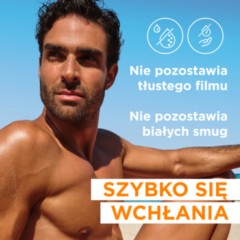 Mężczyzna na plaży promuje Garnier Ambre Solaire Sensitive Advanced SPF 50+. Podkreśla: brak tłustego filmu, białych smug, szybkie wchłanianie.