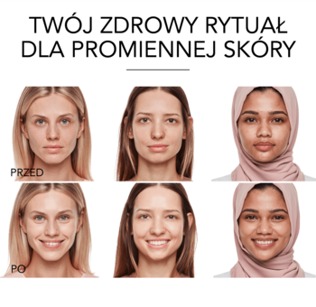 Kobiety przed i po zastosowaniu podkładu-serum Bourjois Healthy Mix, dla zdrowej i promiennej skóry.