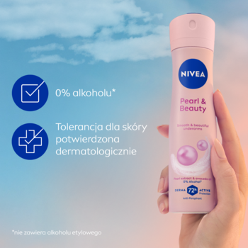 NIVEA Antyperspirant Pearl & Beauty, różowy spray z napisem '0% alkoholu', trzymany w ręce na tle nieba.