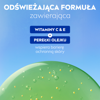 NIVEA żel pod prysznic Lemongrass & Oil. Grafika: zielony żel z żółtymi perełkami, napisy o witaminach C&E.