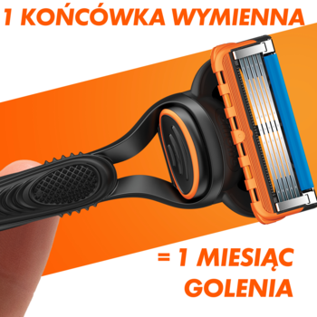 Gillette Fusion5, czarna maszynka z pomarańczową głowicą 5 ostrzy. Info: '1 końcówka wymienna = 1 miesiąc golenia'.