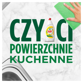 Fairy płyn do naczyń, butelka na tle marmuru z zieloną ściereczką, do mycia powierzchni kuchennych.