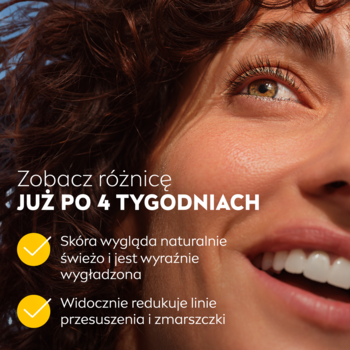 Uśmiechnięta kobieta z tekstem: NIVEA krem przeciwzmarszczkowy, skóra gładka i świeża, zmarszczki zredukowane po 4 tyg.