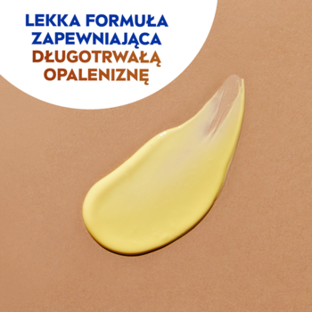 Złocisto-beżowa smuga balsamu NIVEA SUN Intense Bronze karotenowy SPF 6 na brązowym tle, z hasłem o długotrwałej opaleniźnie.