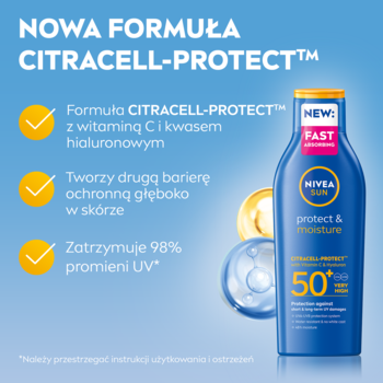 NIVEA SUN Protect&Moisture SPF 50+ w niebieskiej butelce, z wit. C i kwasem hialuronowym, widok z przodu.