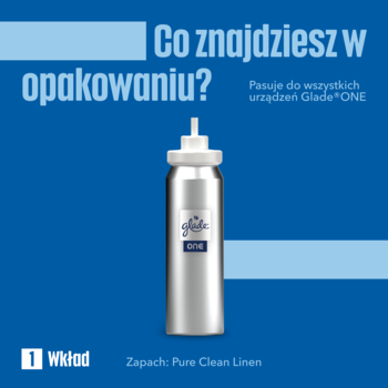 Glade® ONE wkład Pure Clean Linen, srebrna butelka z białym dozownikiem, widok z przodu na niebieskim tle.