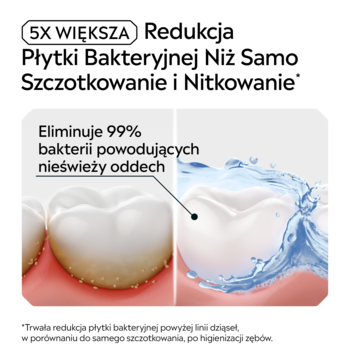 Listerine płyn do ust. 5X redukcja płytki bakteryjnej, 99% mniej bakterii powodujących nieświeży oddech.