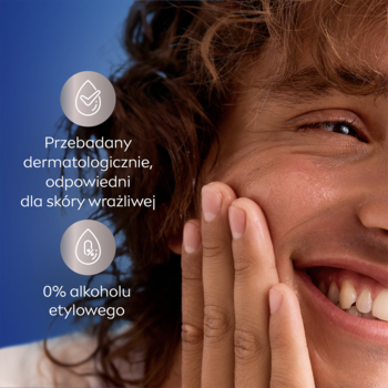 Zbliżenie na uśmiechniętą twarz, z tekstem: NIVEA MEN Sensitive pianka do golenia, 0% alkoholu, dla wrażliwej skóry.