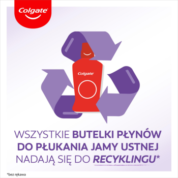 Czerwona butelka płynu do płukania ust Colgate w fioletowym symbolu recyklingu na białym tle, z tekstem o recyklingu.