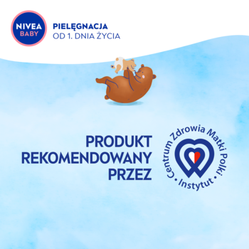 Baner NIVEA BABY z logo i tekstem 'PIELĘGNACJA OD 1. DNIA ŻYCIA'. Napis 'PRODUKT REKOMENDOWANY PRZEZ' Instytut Centrum Zdrowia Matki Polki, miś.