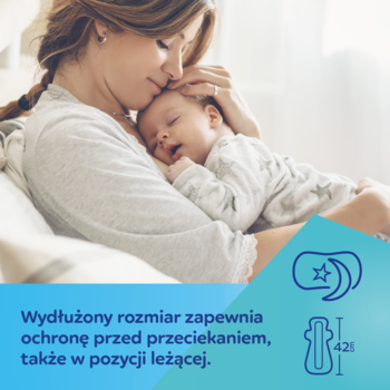 Nowa matka z uśpionym dzieckiem. Grafika promuje podpaski poporodowe Canpol babies 42 cm, ochrona na noc.