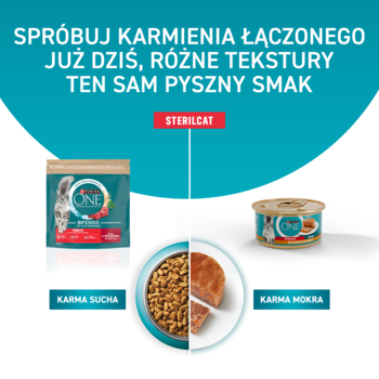 Purina ONE Sterilcat, połączenie suchej karmy w zielonej torebce i mokrej w puszce, z różnymi teksturami w misce.