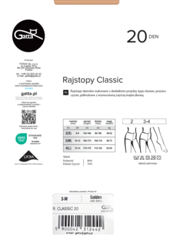 Front opakowania Gatta Rajstopy Classic 20 DEN. Białe tło z czarnymi napisami, logo kota, tabela rozmiarów i kod kreskowy.