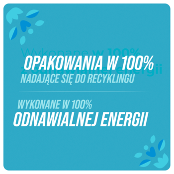 Jasnoniebieska grafika informuje: opakowania 100% do recyklingu, wykonane z 100% odnawialnej energii.