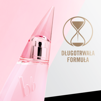 Woda toaletowa bruno banani w różowym, stożkowym flakonie z logo "bb", widok z bliska, obok ikona długotrwałej formuły.