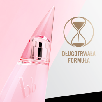 Woda toaletowa bruno banani w różowym, pochylonym flakonie z napisem "bb", z ikoną i tekstem "DŁUGOTRWAŁA FORMUŁA".
