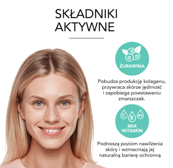 Uśmiechnięta kobieta obok ikon żurawiny i miksu witamin Bourjois Healthy Mix serum, z opisem korzyści składników.