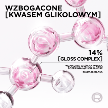 Grafika Elseve Glycolic Gloss: różowy model molekularny z tekstem o kwasie glikolowym i Gloss Complex.