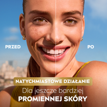Uśmiechnięta kobieta, podzielone zdjęcie "przed" i "po", demonstrujące redukcję przebarwień przez NIVEA Luminous630 Krem CC.
