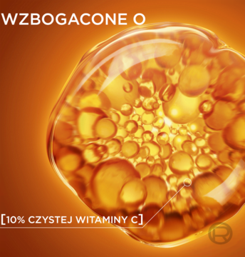 Błyszcząca, bursztynowa kropla płynu z 10% czystej witaminy C, tekst „Wzbogacone o” i „10% Czystej Witaminy C”.