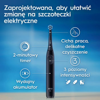 Czarna elektryczna szczoteczka Oral-B iO prezentująca cechy: timer, akumulator, 3 poziomy intensywności.